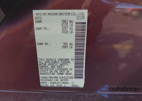 2021 Nissan Altima Sv Fwd z USA, uszkodzony, nr VIN 1N4BL4DV3MN340206